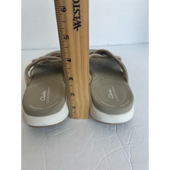 Clarks Cloudsteppers Mira Isle Tan/White Canvas Strap Flip Flop Slide Sandal 7.5 - Picture 10 of 11